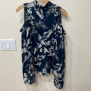 Parker Cherish Navy/White Silk Cold Shoulder Blouse-Boho-Like New- Gorgeous! S